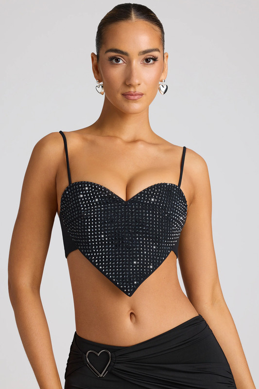 Embellished Heart Detail Crop Top in Black - UK Size:10